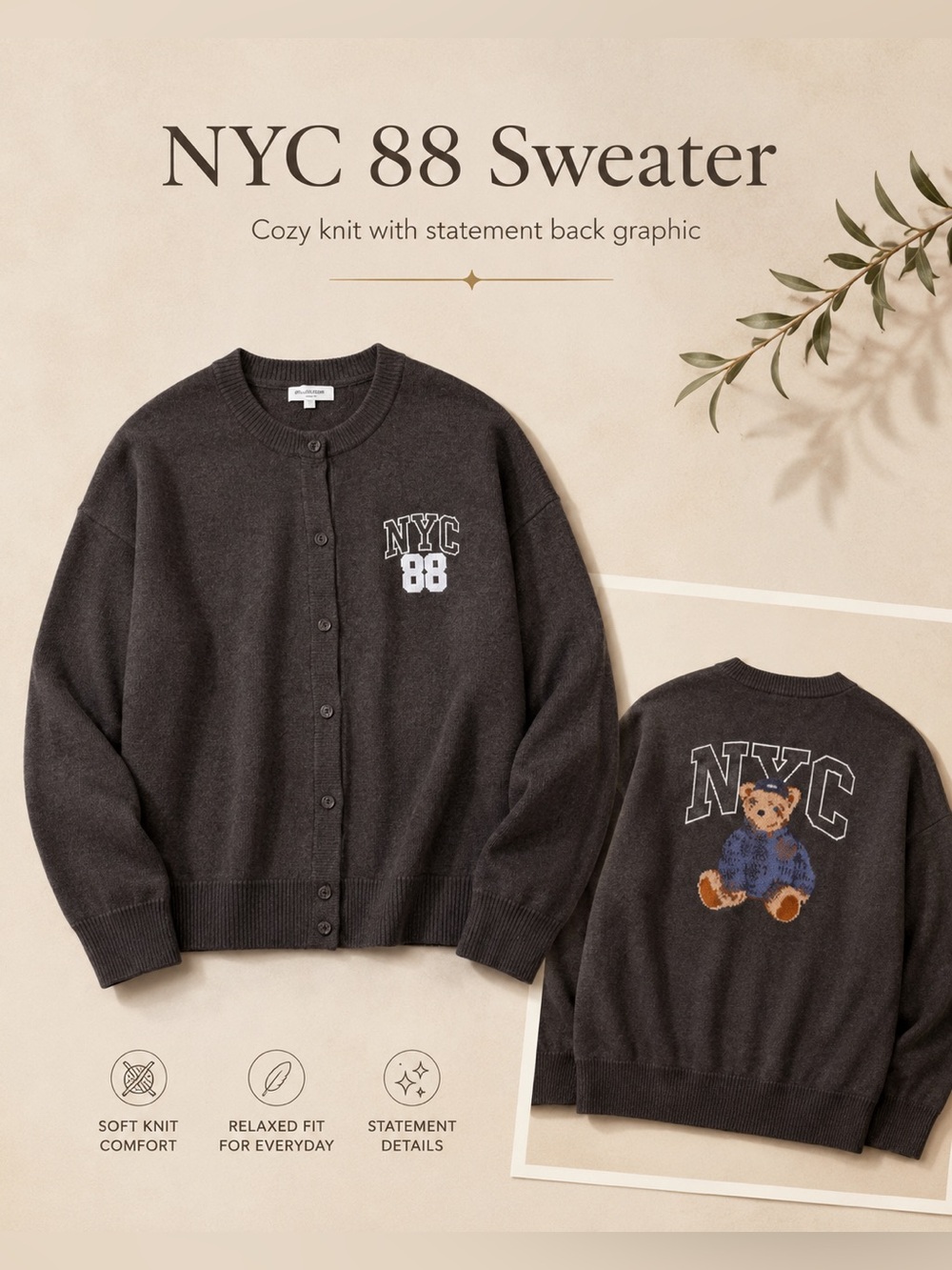 Charcoal Cropped Cardigan with Teddy & NYC Motif